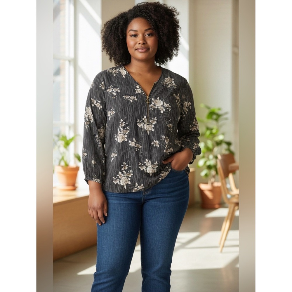 Tempted Hearts Women's 3X Blouse Floral Dot 1/4 Zip Contrasting Fabric Romantic